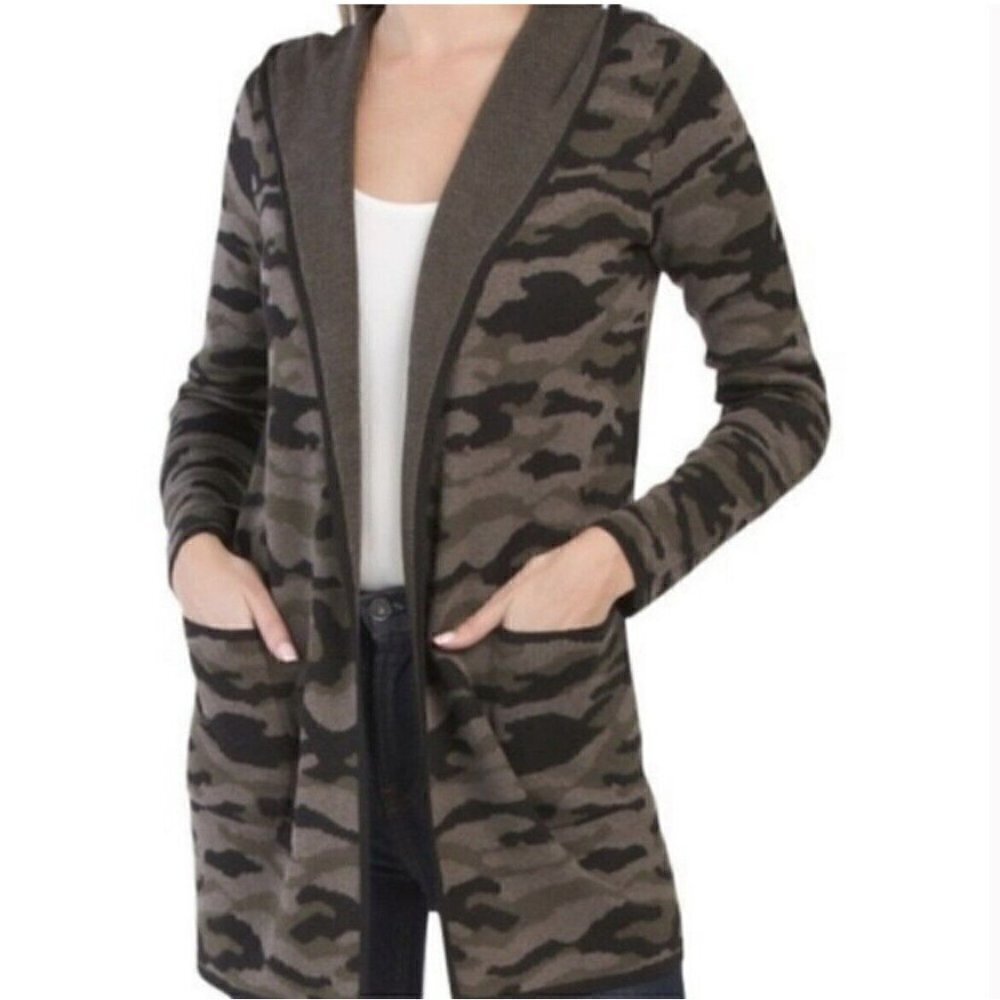 𝅺NEW Rachel Zoe Long Cardigan Sweater Green Black Camo Hooded SMALL - Picture 3 of 11